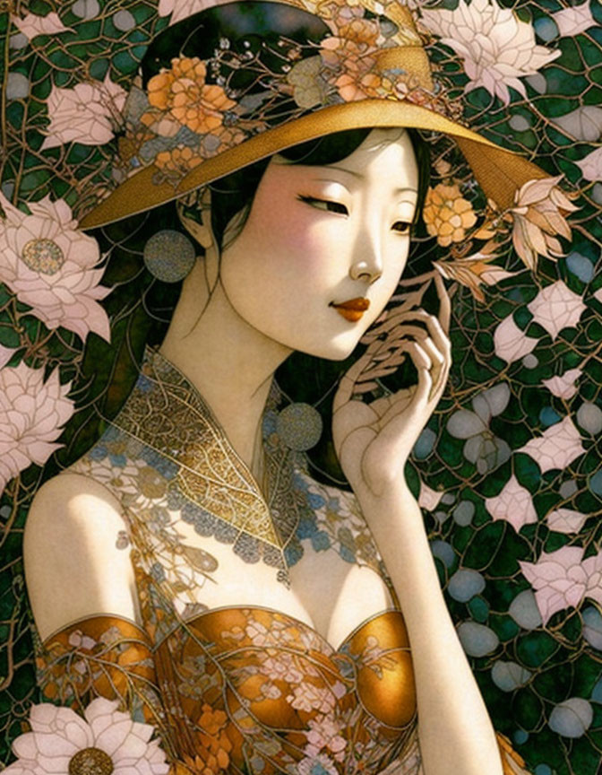 Illustrated woman in ornate hat and traditional attire surrounded by floral pattern, touching face gently.