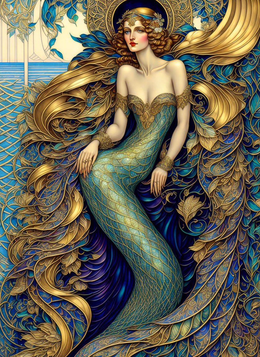 Art Nouveau Style Woman Illustration with Golden Hair and Blue Gown