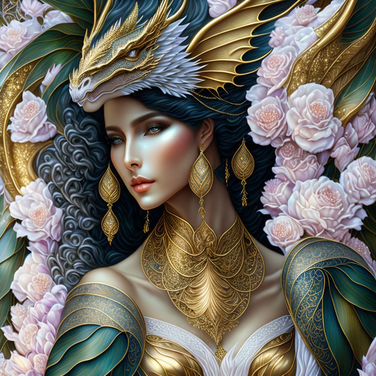 Dark-haired woman with gold jewelry and golden dragon among pink flowers.