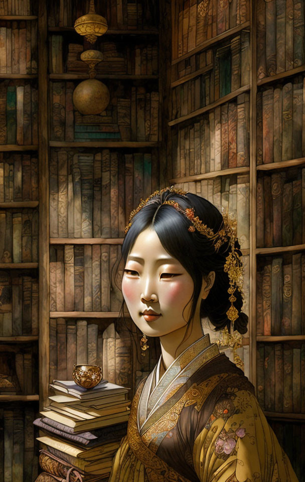 Illustrated woman in traditional Asian attire by bookshelf