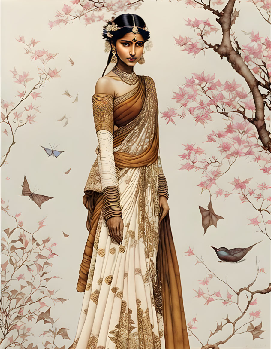 Traditional Indian attire woman illustration with gold jewelry, birds, and blossoming branches.