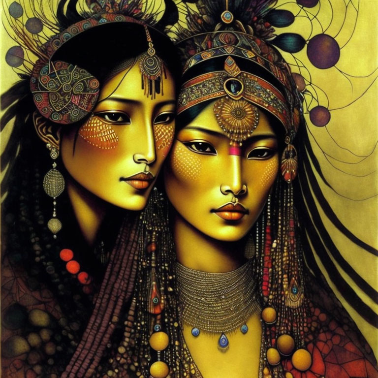 Stylized female figures with ornate adornments on golden background