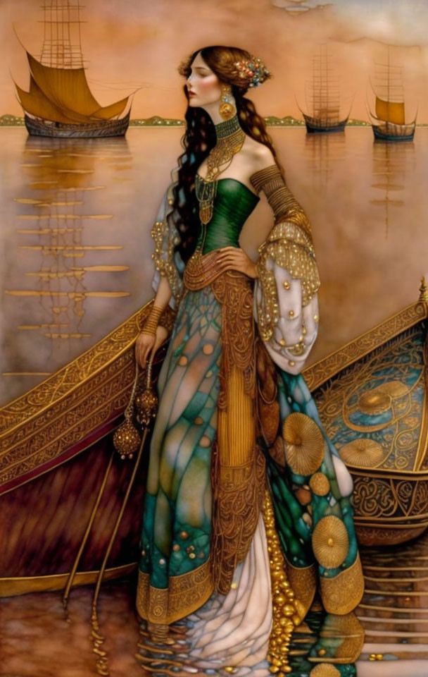 Detailed Green and Gold Maritime Gown on Elegant Woman