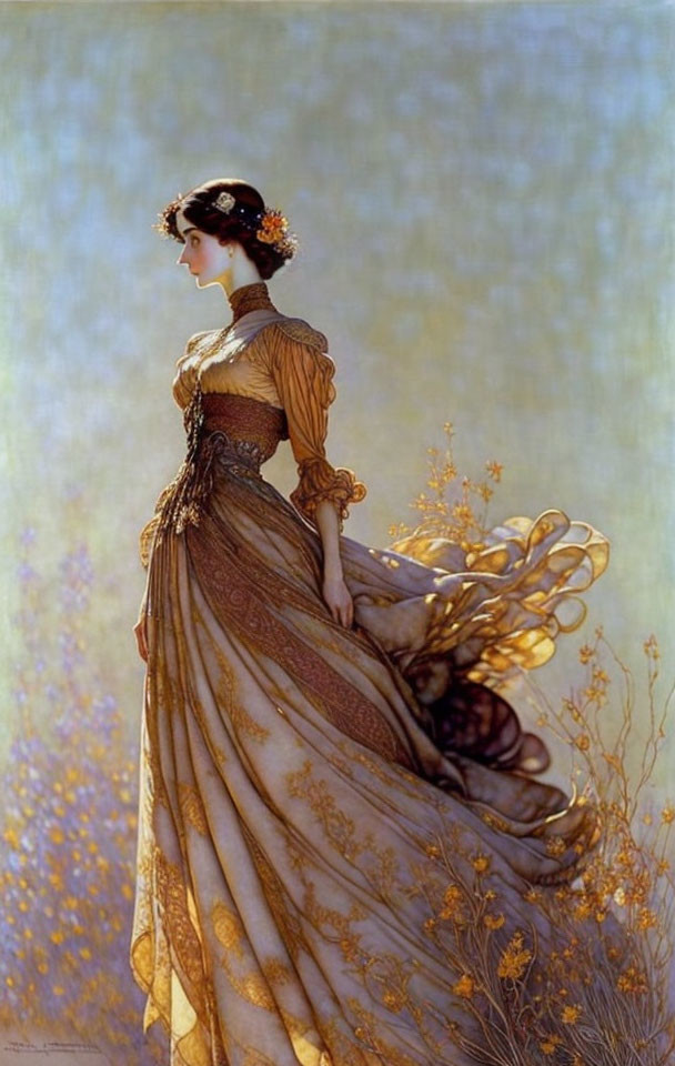 Woman in Gold Dress Standing in Tall Grass with Ethereal Glow