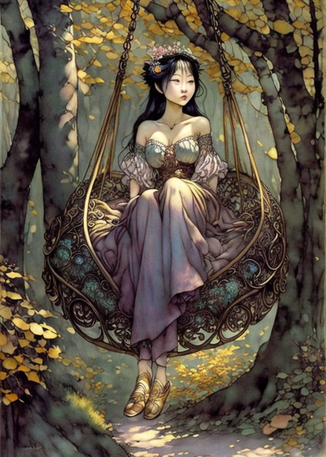 Woman in flowing dress on ornate swing in serene autumn forest with golden leaves.