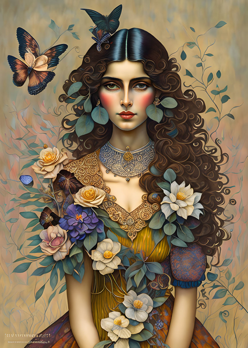 Illustration of woman with long wavy hair, flowers, butterflies, jewelry, serene expression