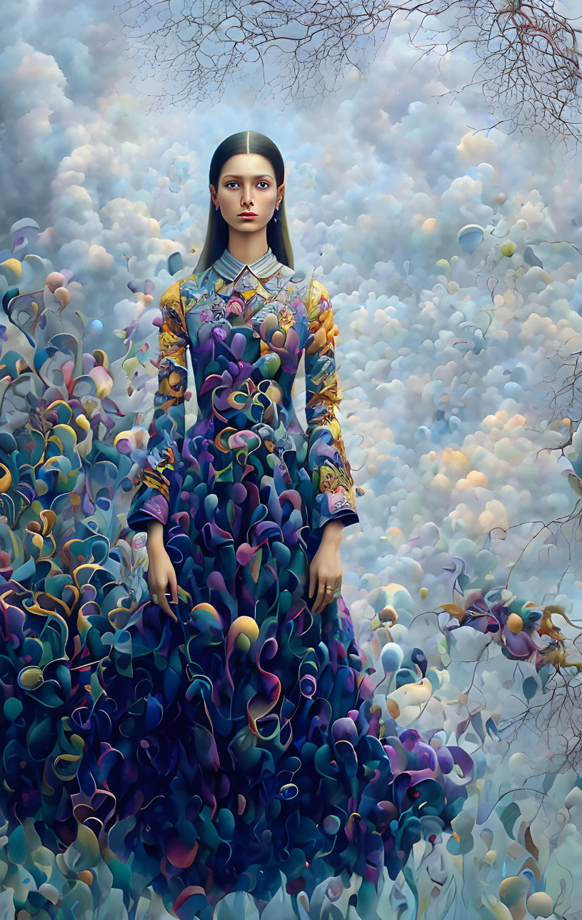 Solemn woman in floral dress in surreal cloud backdrop