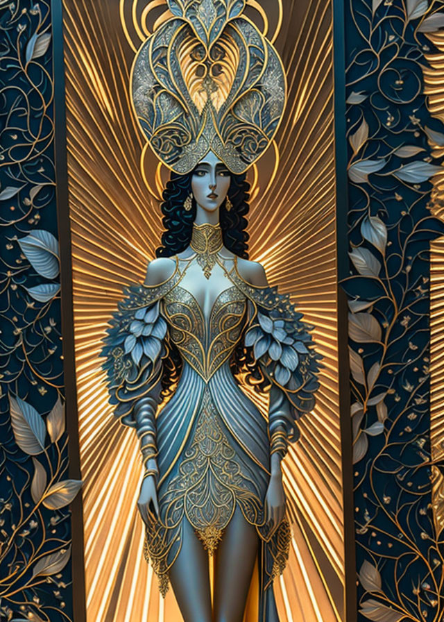 Fantasy art of woman in gold and blue armor with regal headpiece