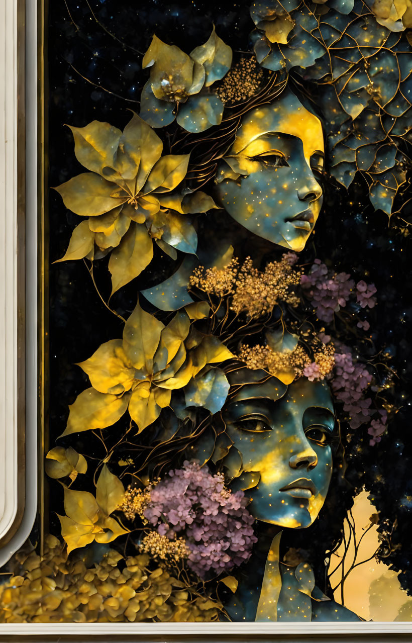 Celestial faces with golden foliage in cosmic setting