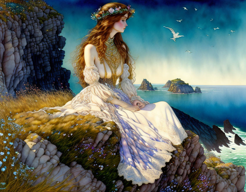 Woman in flowing dress with floral crown on cliff overlooking sea, seagulls and rocky islets.