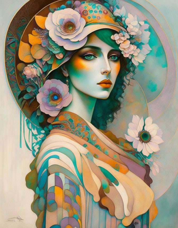 Colorful Art Nouveau portrait of a woman with green eyes and floral hat