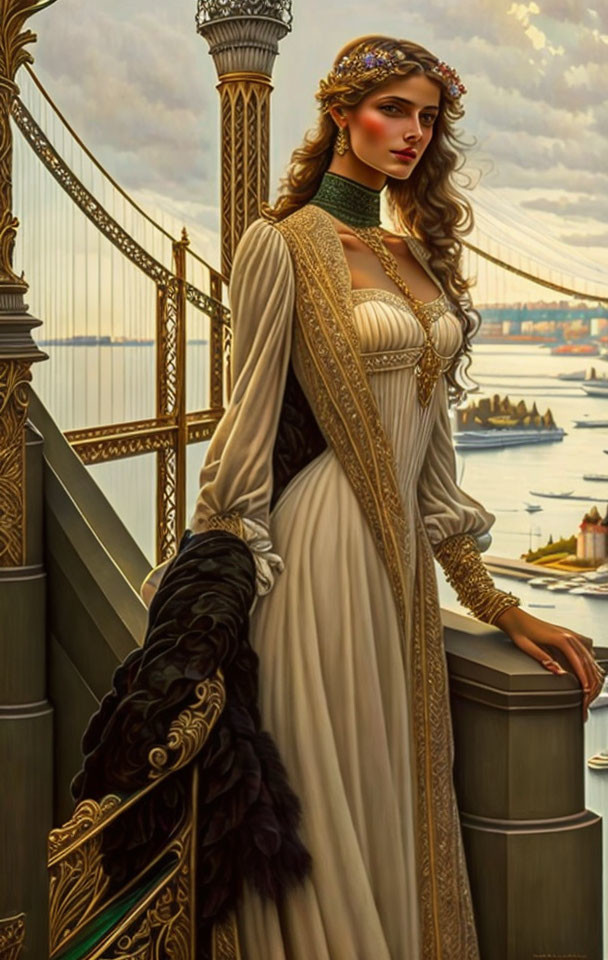 Woman in flowing gown by decorated column overlooking harbor.