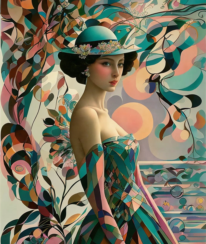 Stylish lady with floral hat against vibrant abstract backdrop