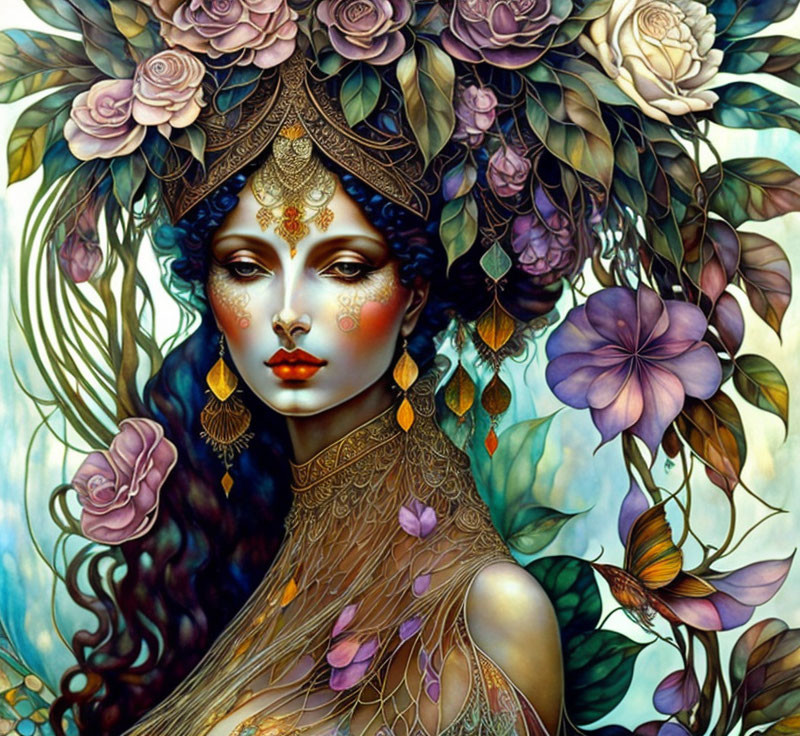 Illustrated woman with elaborate headdress, roses, butterflies, jewelry, and mystical aura