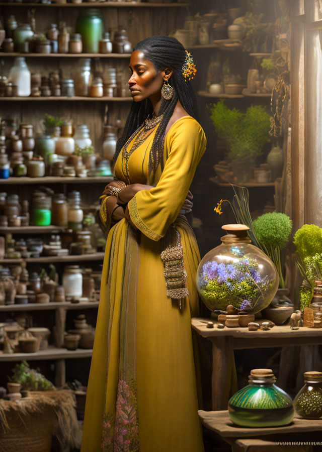 Woman in yellow traditional dress surrounded by pottery and plants