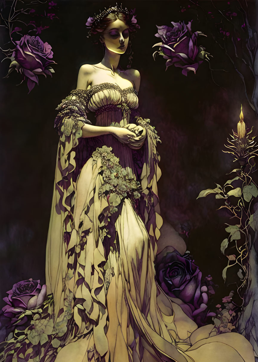 Ethereal artwork of woman in flowing dress among blossoms