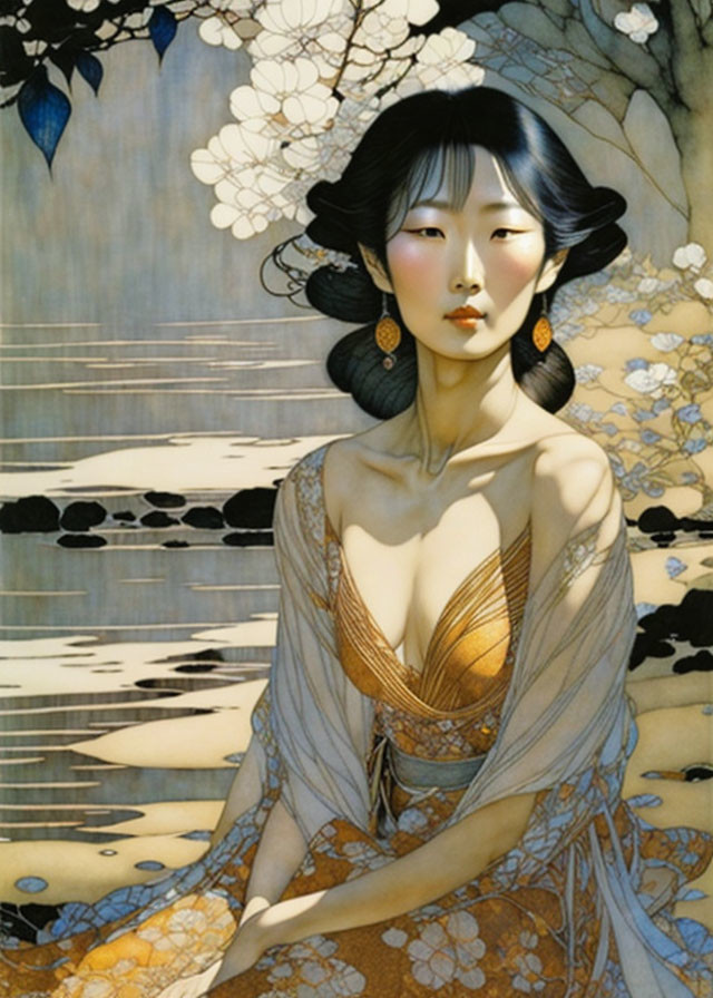 Pale-skinned woman in elegant gown with dark hair and traditional earrings, set against serene pond and white