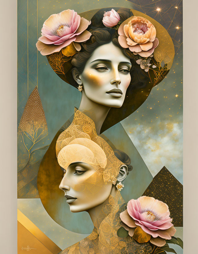 Women's profiles with geometric, floral, and celestial motifs in warm pastel tones