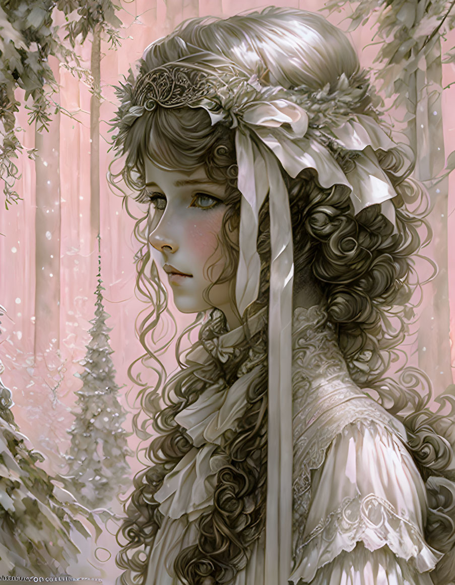 Detailed illustration of girl with intricate curls, circlet, ribbon, vintage dress in whimsical forest.