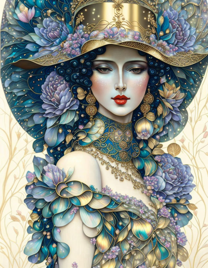 Stylized portrait of a woman with golden halo headdress and blue flowers