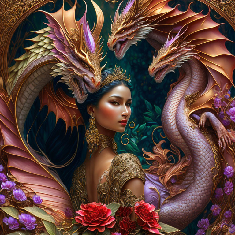 Illustrated woman adorned with gold jewelry and multi-headed dragon in lush, vibrant setting