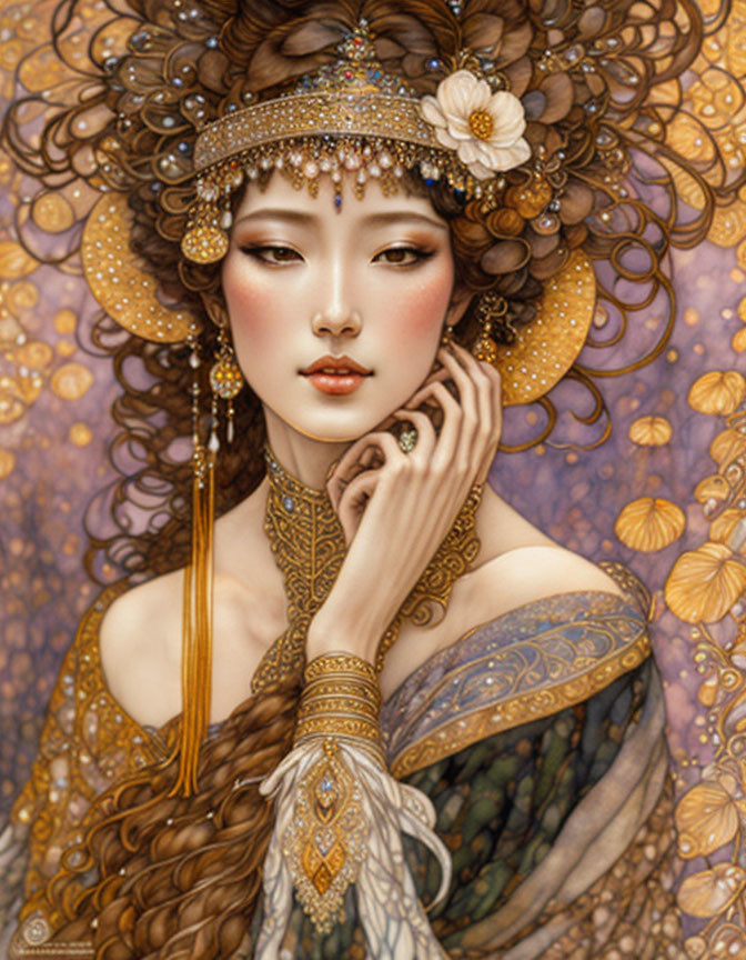 Detailed Illustration of Woman in Regal Attire with Intricate Jewelry and Headdress in Gold,