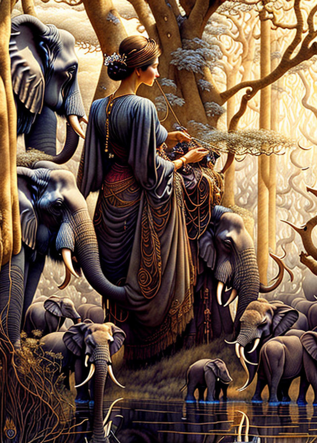 Woman in ornate attire surrounded by elephants and intricate trees in surreal setting.