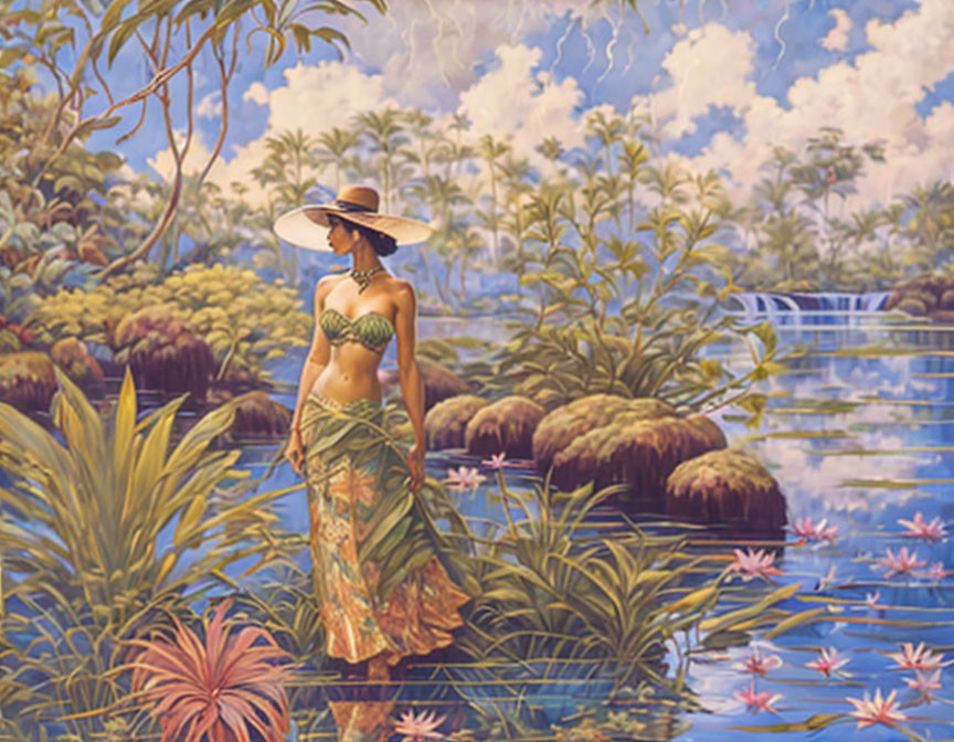 Woman in straw hat and tropical dress by serene lake with waterfalls