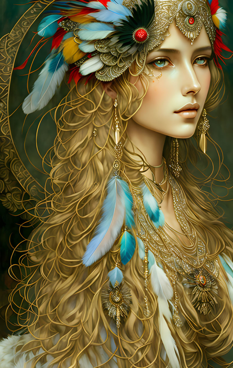 Illustrated woman with feathered headdress and golden jewelry on dark background