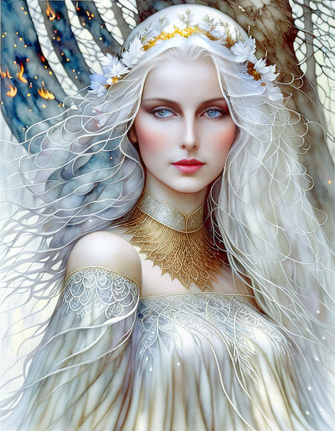 Ethereal woman with white hair, blue eyes, flower crown & lace garments