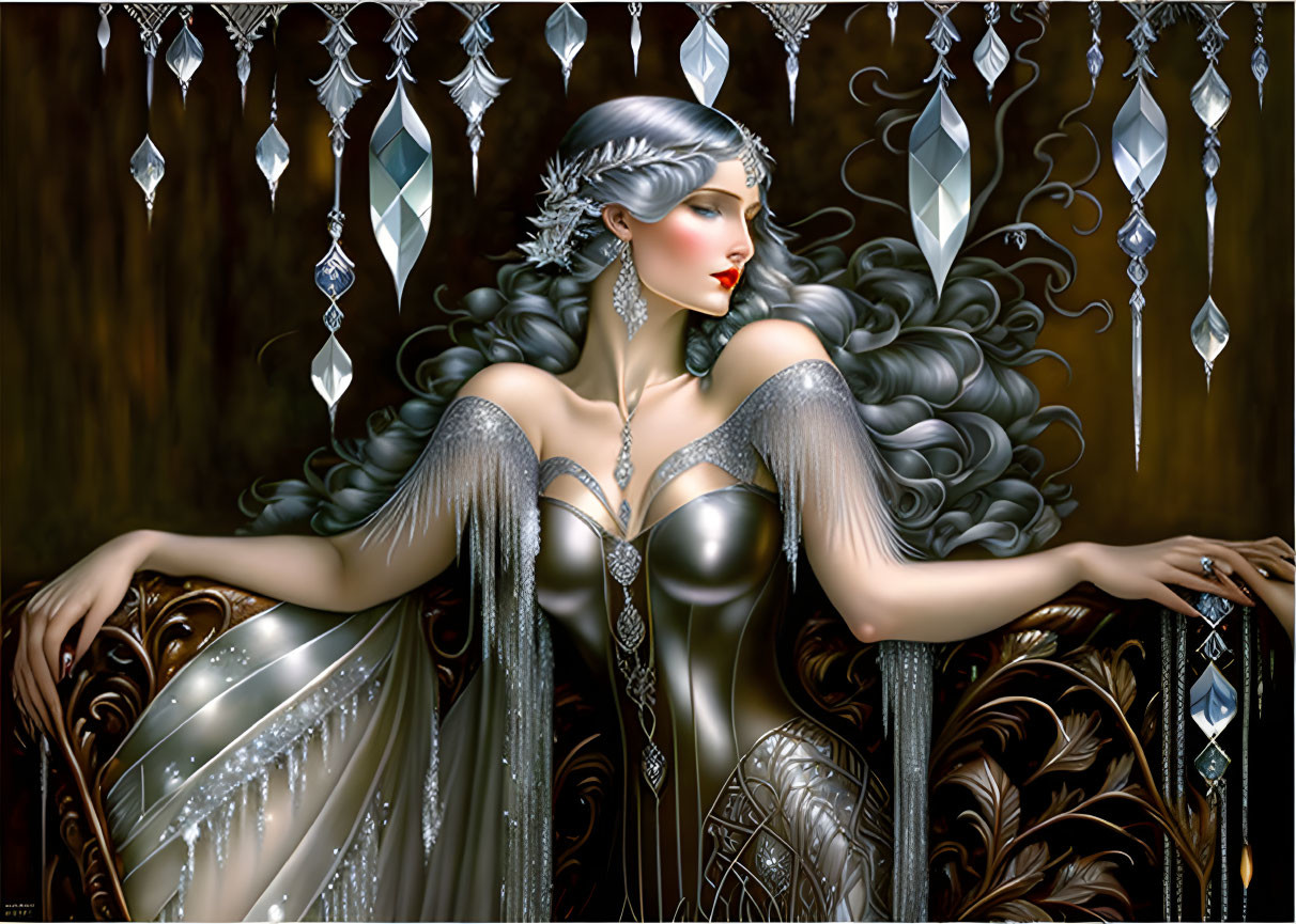 Fantasy woman with silver hair in jewel-adorned gown among ornate patterns