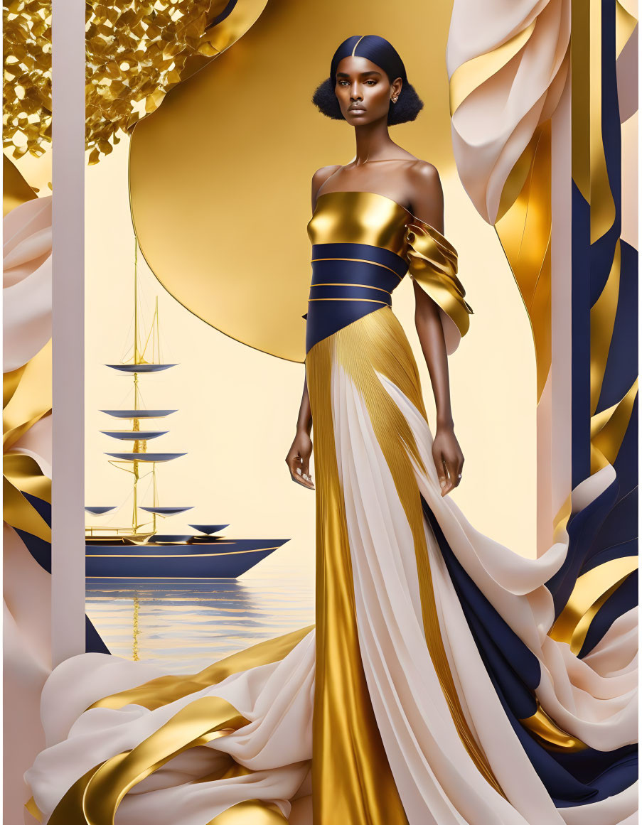 Luxurious gold and navy gown on a woman against abstract nautical backdrop