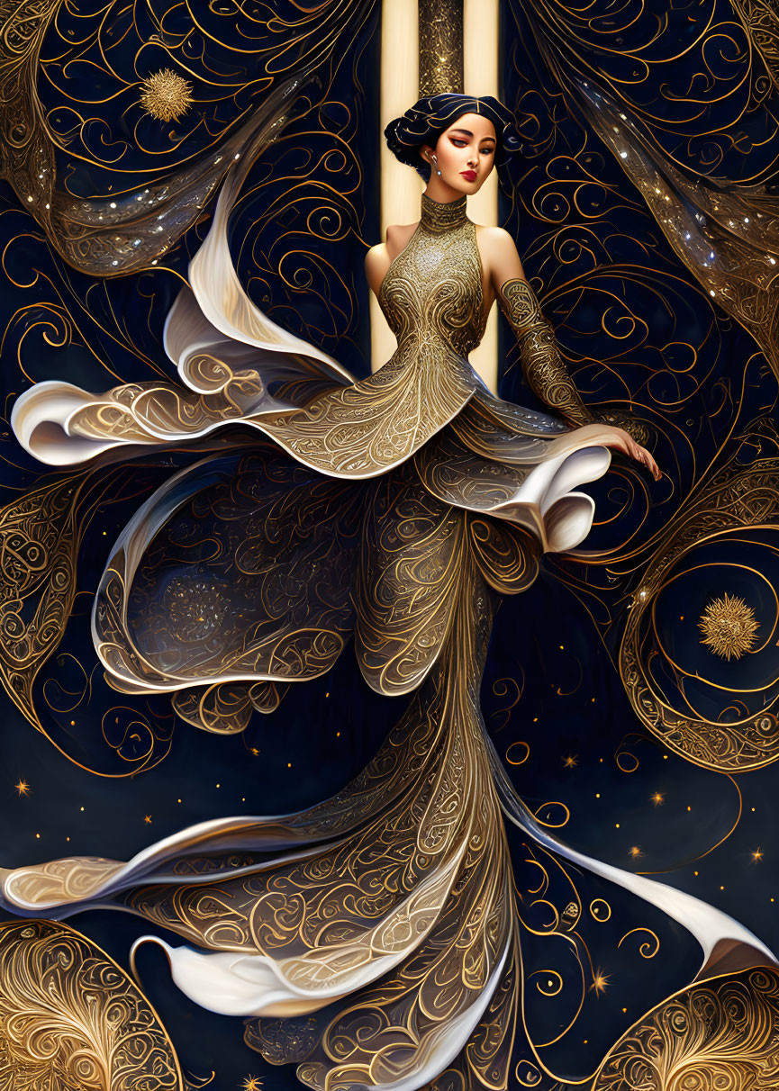 Illustrated woman in ornate golden dress with swirling patterns and starry backdrop