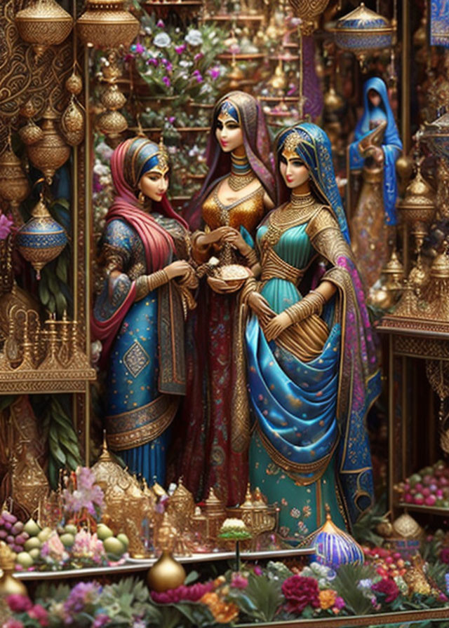 Colorful Traditional Indian Figurines with Ornate Designs