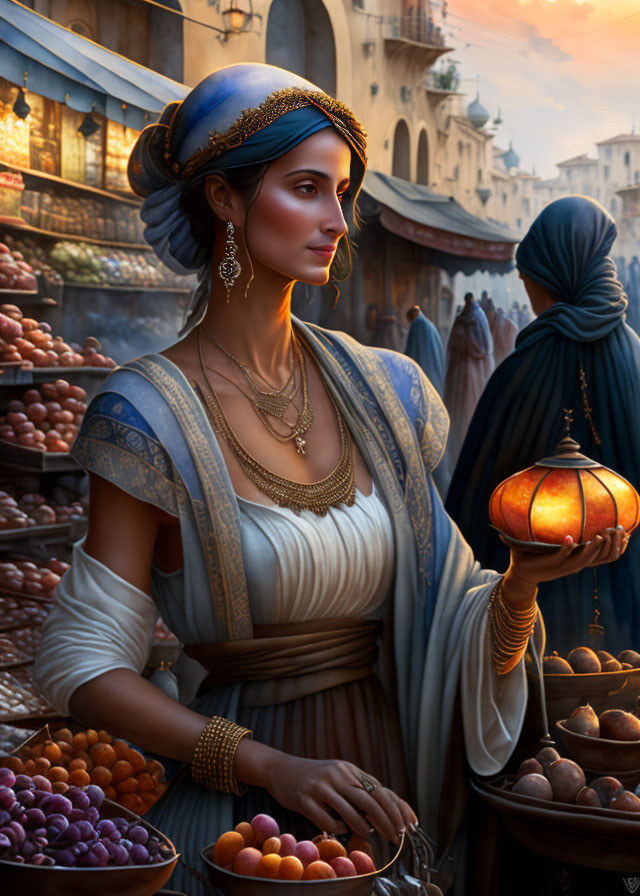 Historical woman in blue headscarf with lantern in busy market street