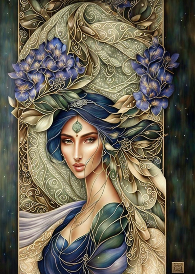 Stylized portrait of woman with blue flowers and golden patterns on dark background