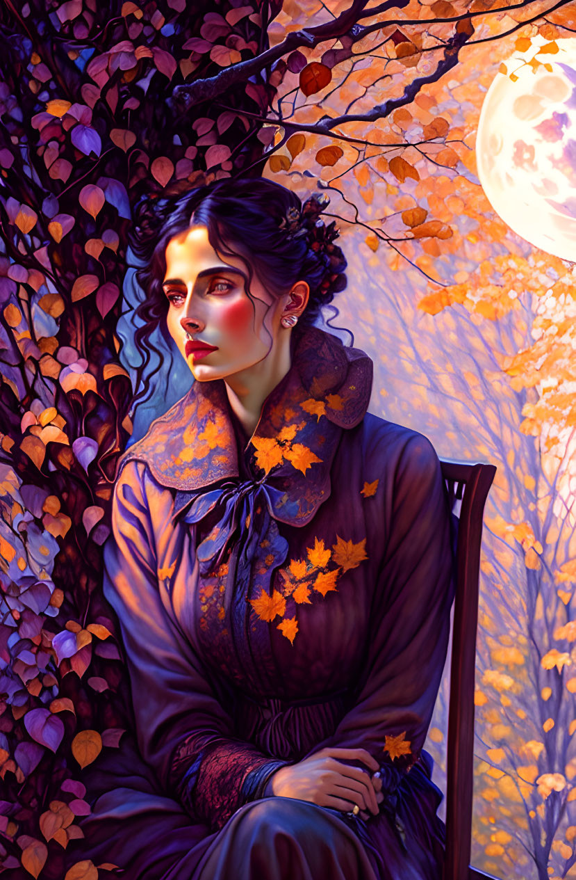 Victorian woman in purple dress under full moon by autumn tree