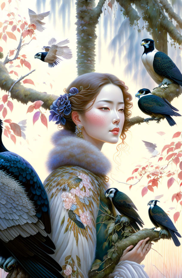 Illustrated woman with birds, blue flower, fur collar, cherry blossoms