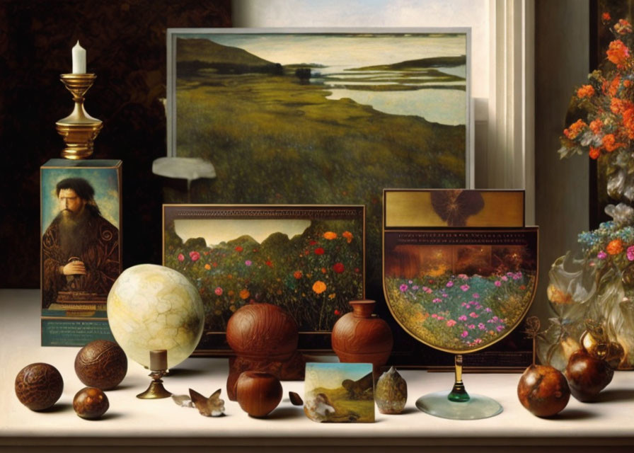 Still life composition with oil painting, portrait, decorative plates, globe, vases, and wooden spheres