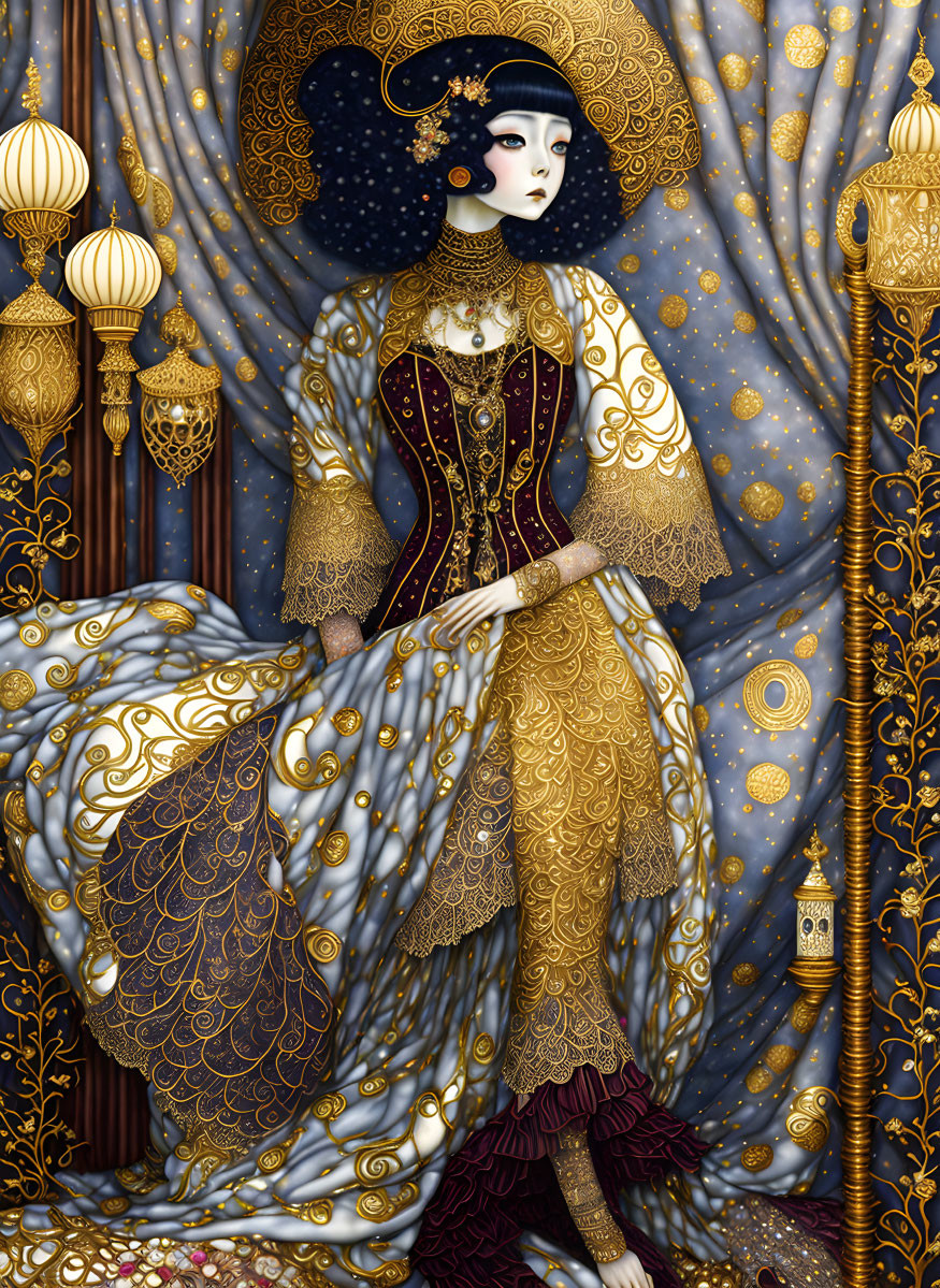 Luxurious woman in golden attire by ornate curtains and lamps