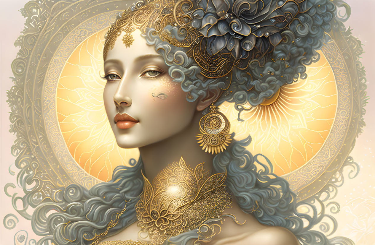 Ethereal portrait of a woman with ornate gold jewelry and intricate sun-like halo