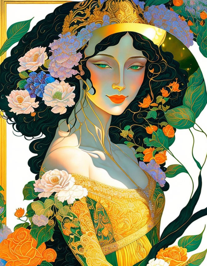 Illustrated woman with golden headdress among vibrant flowers on yellow backdrop