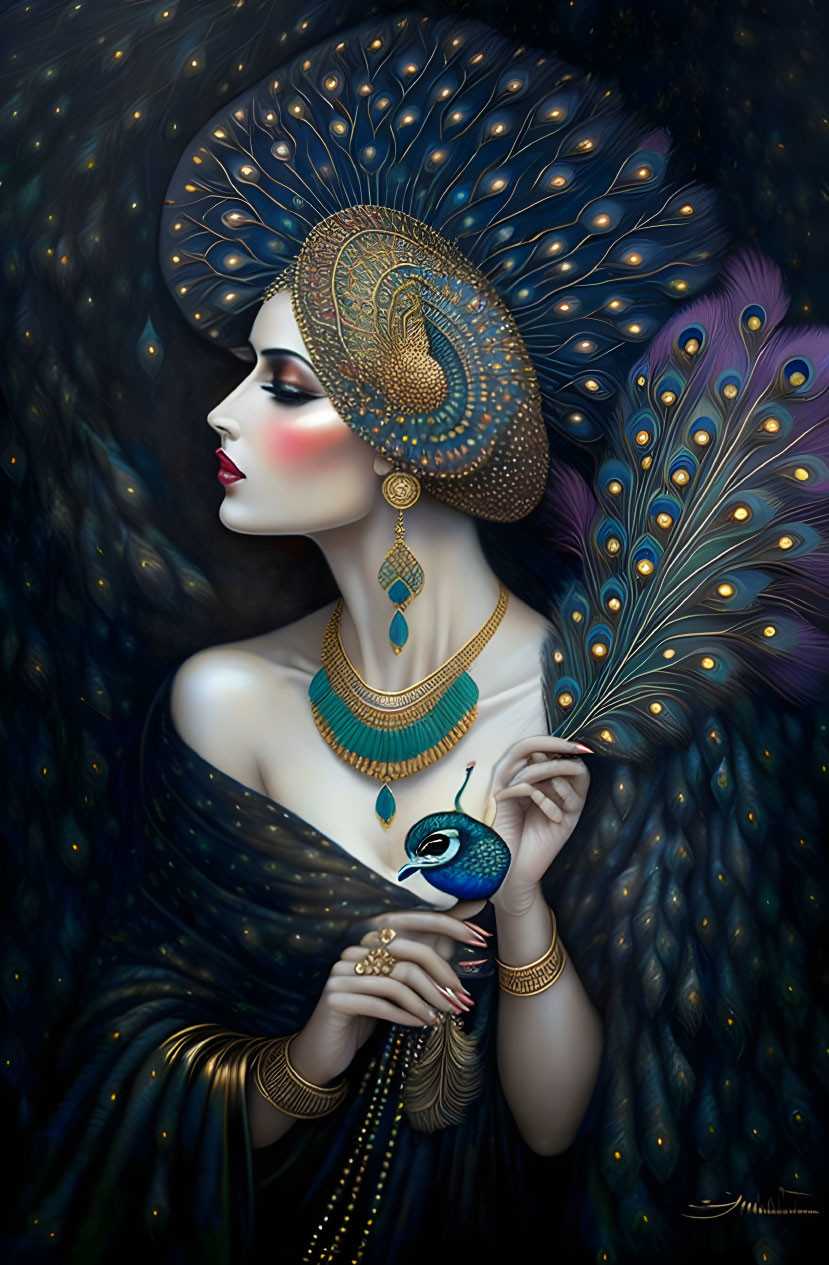 Illustrated woman with peacock feather accessories in vibrant blues and golds