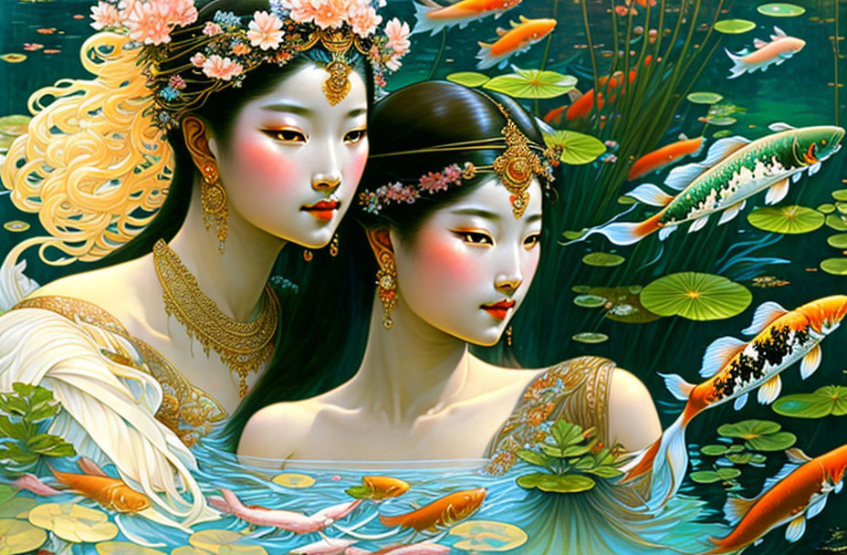 Traditional Attire Women with Elaborate Hairstyles and Koi Fish Pond