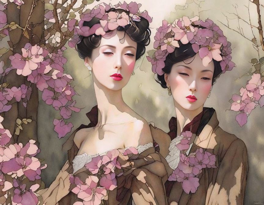 Illustration of two women in pink floral hats amid blooming trees