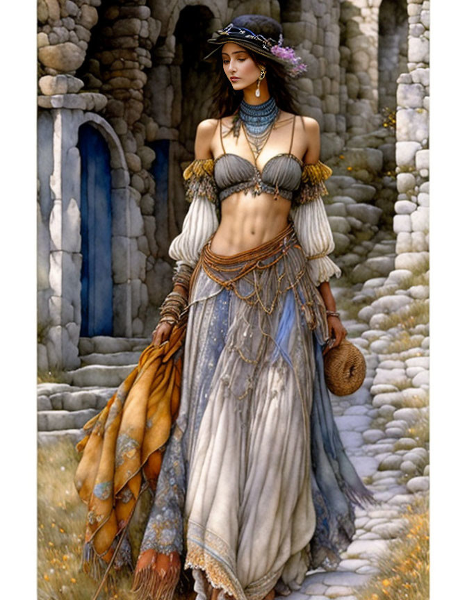 Fantasy-inspired woman in ornate costume by ancient stone wall