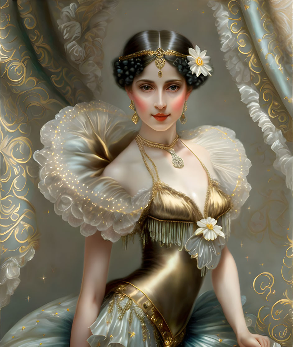 Elaborate gold and white dress on illustrated woman