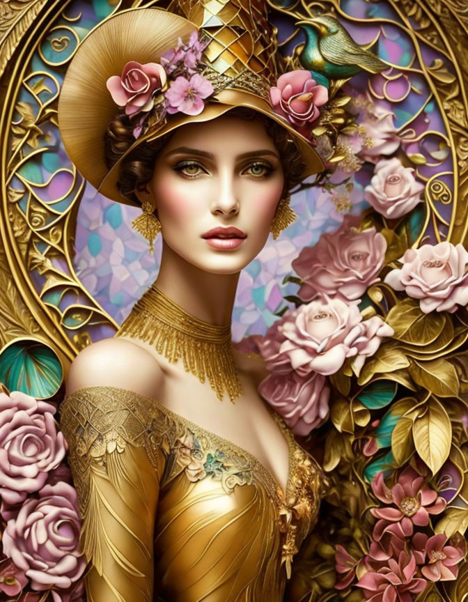 Stylized portrait of a woman with golden hat and flowers, roses, peacock - vintage aesthetic