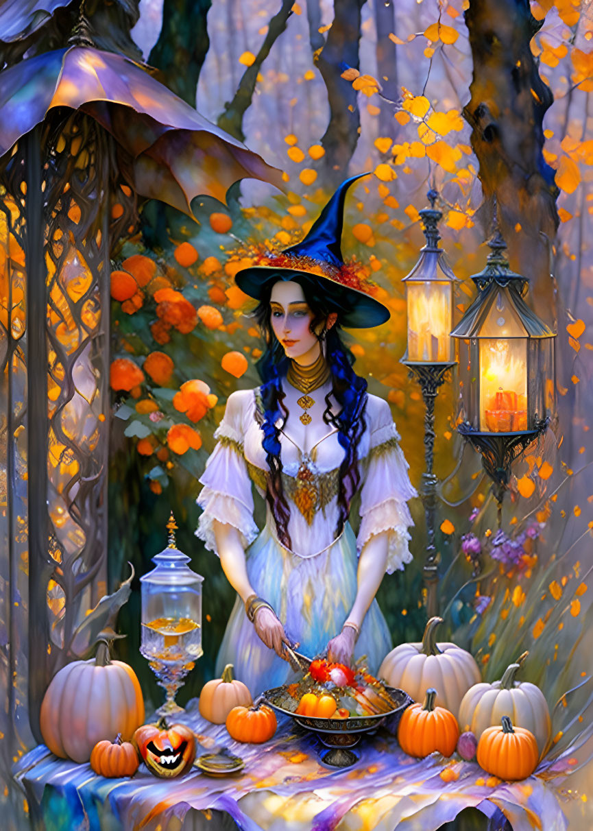 Whimsical autumn witch illustration with pumpkins and feast