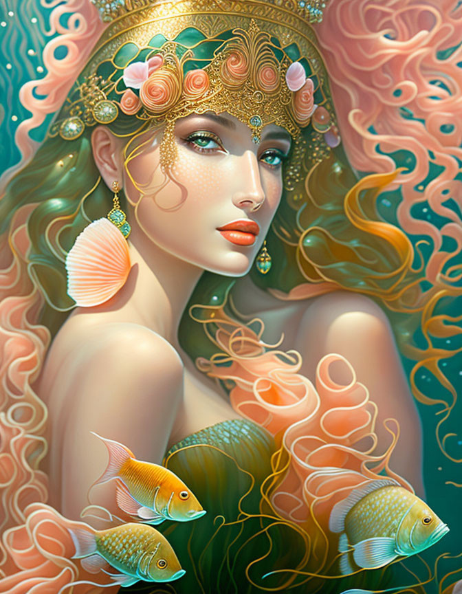 Ethereal woman with golden jewelry and floral adornments among orange fish